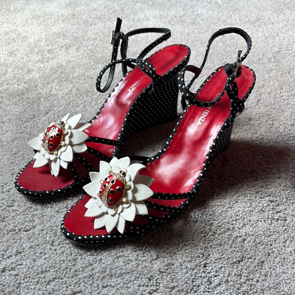 Ramon Tenza Red, Black and White Lady Bug Wedge Shoes with Floral Accents